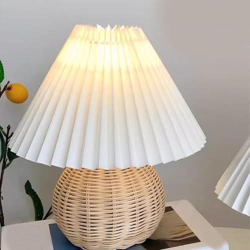 Pleated Table Lamp, Rattan Small Bedside Mini Table Lamp for Bedroom Pleated Table Lamp Handmade Boho Rattan Bedside Lamp Desk Light for Room Desk Entrance 9.4x11.0x5.5in