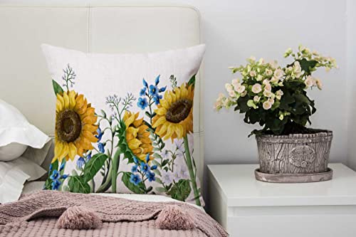 Nphuriy Ink Painting Watercolor Yellow Sunflowers Blue Flowers Summer Decorative Throw Pillow Cover Case Cushion Home Living Room Bed Sofa Car Cotton Linen Square 16 x 16 Inches - color: Multi 41