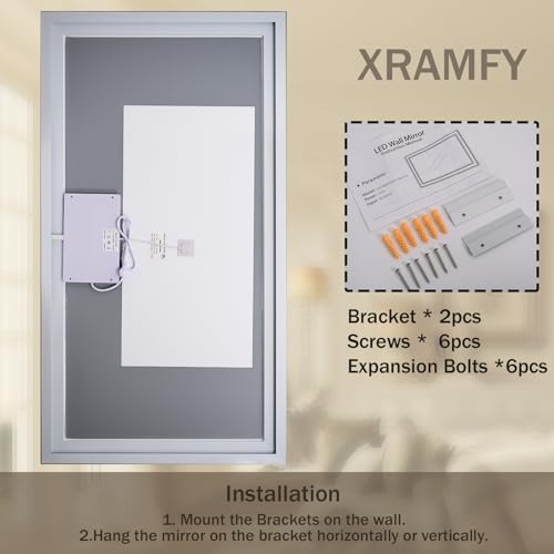 XRAMFY 36"x 48"LED Bathroom Mirror, Backlit + Front Lit, LED Bathroom Mirror with Lights for Wall, 3 Colors, Anti-Fog, Dimmable Brightness, Tempered Glass - size: 48"L x 36"W