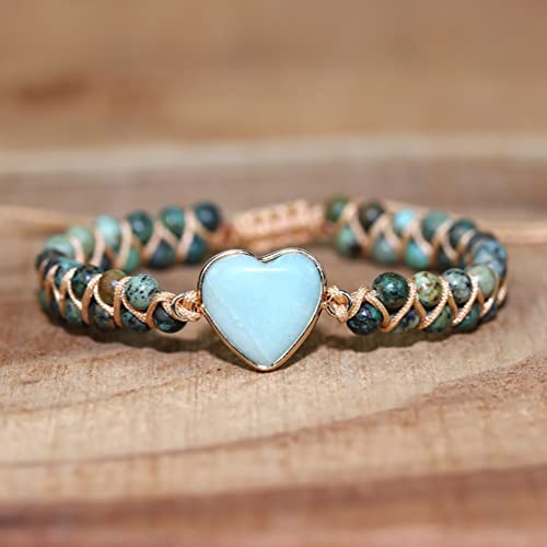 Women Boho Wrap Bracelet,Handmade Natural Stone Crystal Emperor Beads Heart Bracelet, Fashion Bohemian Jewelry Gift for Women - color: African Turquoise 2#