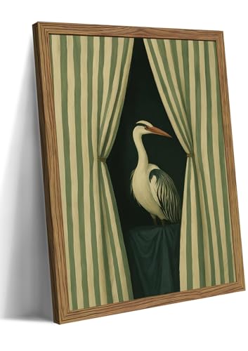 Framed Bird Wall Art, Elegant Heron Canvas Print, Vintage Coastal Bird Wall Decor, Abstract Heron Painting, Striped Curtain Picture Poster Artwork for Living Room Bedroom 8x10 inch - color: Elegant Heron, size: 10"L x 8"W