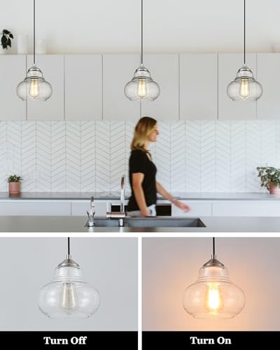 ELYONA 8 Inch Bubble Glass Pendant Light Industrial Kitchen Island Globe Hanging Pendant Light Fxiture Modern Hand Blown Seeded Glass for Farmhouse Dining Room Bar Bedroom Living Room Brushed Nickel - color: Brushed Nickel
