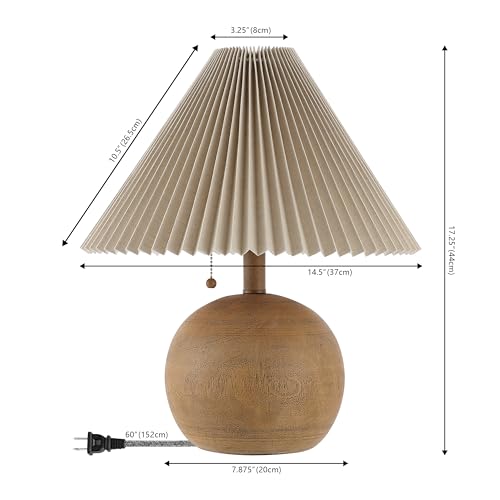 JONATHAN Y 17.25" Brown Wood Finish Sphere Table Lamp, Mid-Century Bedside Nightstand with Beige Pleated Linen Shade, Scandinavian Coastal Style, LED Bulb Included JYL1145A - color: Brown Wood Finish