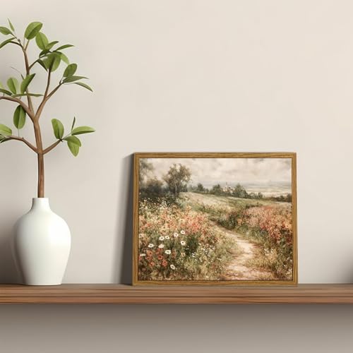 OIQArtOIQ Framed Canvas Wall Art,Vintage Decor,Landscape Nature Country Wildflower Paintings Cottagecore Pictures Modern Artwork Rustic Fall Flower Prints Farmhouse Office Living Room Bedroom Bathroom - color: Wildflower Path, size: 8x10 in
