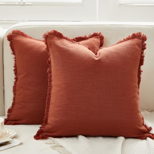 Sunday Praise Set of 2 Linen Fringe Fall Decorative Pillow Covers 18x18 Inch Farmhouse Accent Boho Throw Pillow Cases with Tassels Cozy Soft Cushion Covers for Couch Sofa Bed Home Decor,Rust Orange - color: Rust Orange, size: 18" x 18" (Pack of 2)