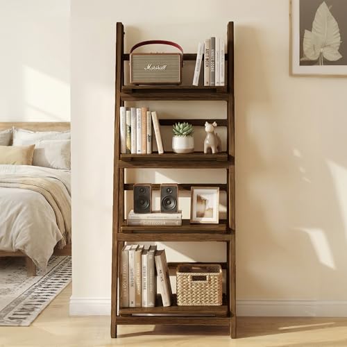 Ladder Shelves - Folding Wooden Ladder Bookshelf, 4-Tier Retro Plant Stand Storage Shelves for Home Living Room, Brown - color: Dark Brown