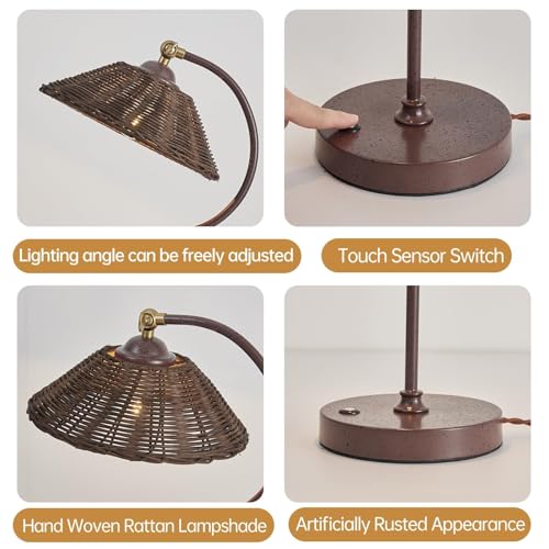 2 Pack Woven Rattan Table Lamp, Boho Plug in Handmade Rattan Shade & Anti-Rust Iron Base Desk Lamp, Plug & Play Vintage Dark Brown Bedside Lamp for Living Room, Office, Bedroom 【Bulb Included】