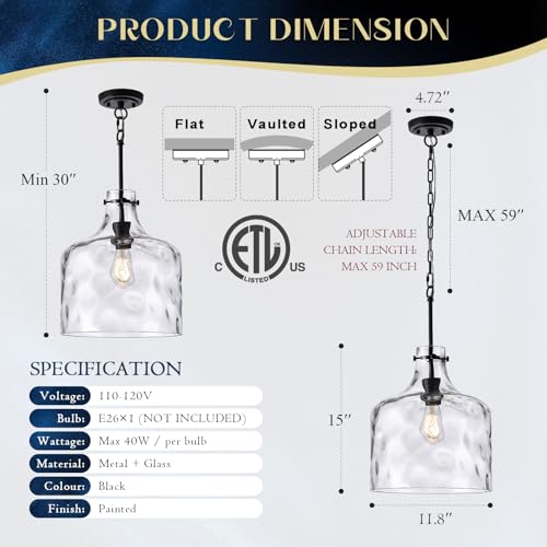 12" Farmhouse Pendant Light, Hand-Blown Clear Hammered Glass Hanging Ceiling Light Fixture with Black Finish and Adjustable Chain, Modern Rustic Lighting for Kitchen Island, Dining Room, E26 Socket - color: Chain Black