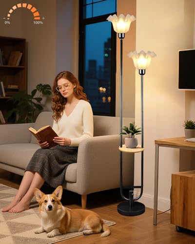 Flower Floor Lamps with Table, 2-Lights Floral Floor Lamp Dimmable, 3000K Warmwhite Modern Floor Lamp, Vintage Black Standing Lamp with 5Lbs Heavy Base for Living Room Bedroom Girls Room - color: 2 Flower-Black