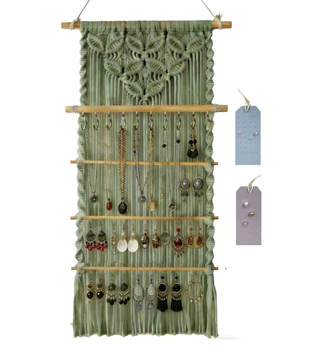 Macrame Jewelry Hanger, Hanging Jewelry Organizer,Boho Earring Holder Wall Mounted Necklace Holder, Tapestry Earrings Display, Bracelet Storage Minimalist Decor Tassel for Women Room (Sage Green) - color: Sage Green