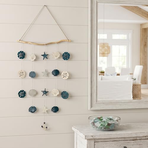 Jhdydz Coastal Beach Wall Art – Capiz Shell & Starfish Wall Decor, Macrame Wall Hanging – Nautical Seashell Decor for Bathroom, Bedroom, Living Room – Boho Beach Themed Room Decor