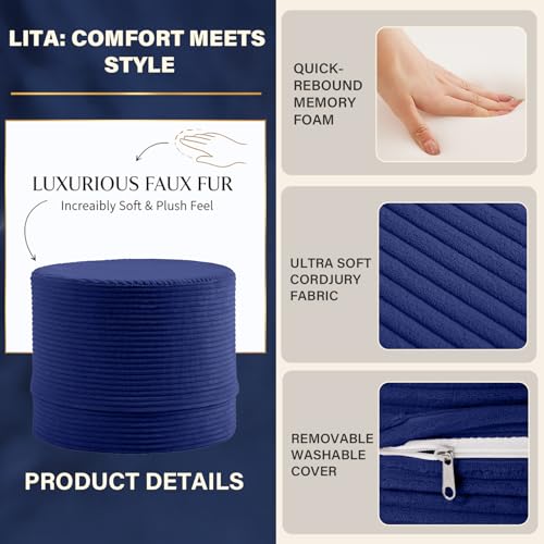 LITA Round Stuffed Pouf Ottoman, Corduroy Poufs with High-Density Foam Filling and Washable Cover, Furry and Fluffy Bean Bag Foot Stools Ottoman for Living Room, Bedroom, Office, Navy Blue - color: Velvet Navy Blue