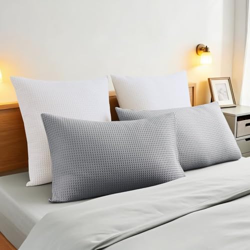 Shunjie.Home 100% Cotton Waffle Weave Pillow Shams Set of 2, 600TC Solid Reverse Side, Envelope Closure, Skin-Friendly & Durable Decorative Pillow Covers for Bed, Gray, King Size 20"x36" - color: Gray, size: 36" x 20" (Pack of 2)