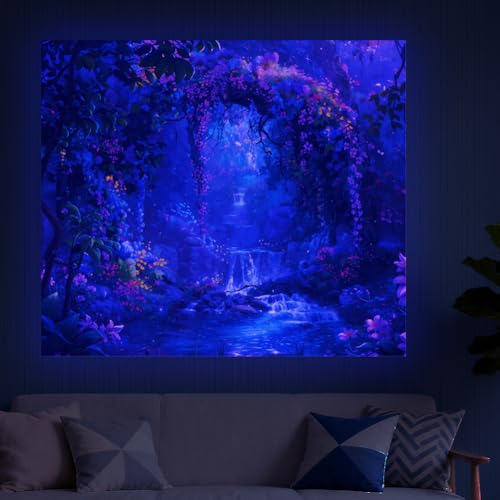 CRAFTYMELODY Waterfall Blacklight Tapestry Glow in the Dark Tapestry UV Reactive Colorful Flower Wall Hanging 59×51 Inch with Hook Self Adhesive Sticker Clip for Bedroom Home Wall Decoration - color: Flower Waterfall