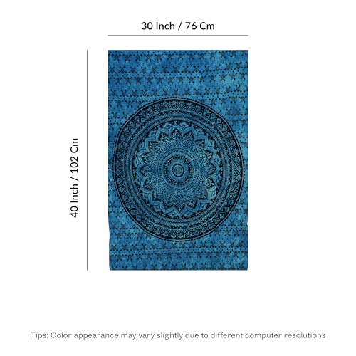 FURNISHFUL FINESSE Hand Block Printed Cotton Mandala Wall Tapestry - Blue Ombre Boho Wall Decor, Bohemian Hippie Room Hanging for Bedroom, Dorm & Living Room Aesthetic (40 x 30 Inches) - color: Blue, size: 40"L x 30"W