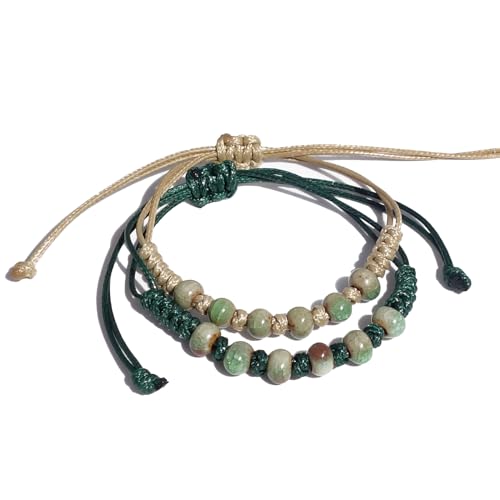 Handmade Green Boho Bracelets for Women, Bohemian Ceramic Beads Bracelets for Friends, Trendy Porcelain Stone Beaded Bracelets for Sisters - color: Earthy Green