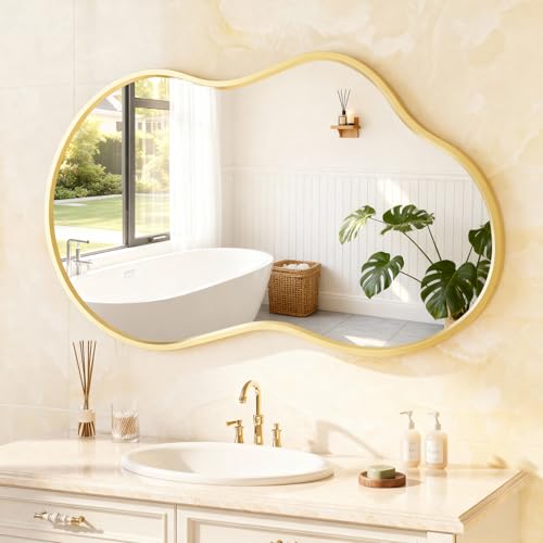 36”x 24” Gold Irregular Wall Mirror, Bathroom Asymmetrical Mirror, Metal Framed, Modern Decorative Mirrors for Wall, Bathroom Living Room Entryway (Horizontal/Vertical) - color: Gold, size: 36"L x 24"W