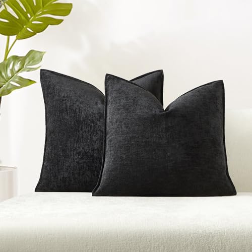 JUSPURBET Black Throw Pillow Covers 20x20 Set of 2 Decorative Pillow Covers for Couch Sofa Bed Cozy Chenille Cushion Covers Cases with Invisible Zipper for Living Room Home Decor - color: Black, size: 20" x 20" (Pack of 2)