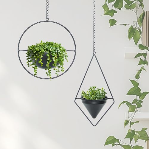 Metal Hanging Planters Set of 2 Modern Indoor Plant Hanger with Round and Diamond Pots, Geometric Small Wall and Ceiling Hanging Plant Holders for Succulents and Herbs, Black Finish - size: CIRCLE+DIAMOND