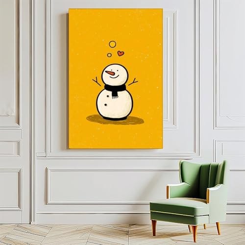 JDBeehpy Christmas Wall Art Cheerful Cute Snowman with Scarf Painting Yellow Poster Playful Winter Frame Canvas Print Home Decor Mural for Kids' Gifts 08x12inch(20x30cm) - color: Snowman Frame, size: 12L" x 8W"