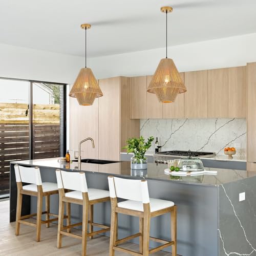 15” Boho Hand Woven Rattan Pendant Light Classic Coastal Chandelier for Kitchen Island Dining Room Hallway, UL Listed - color: Rattan
