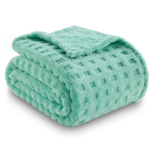NEWCOSPLAY Super Soft Twin Blanket Aqua Premium Silky Flannel Fleece 3D Waffle Checkered Lightweight Bed Blanket All Season Use (Aqua, Twin(60"x80")) - color: Aqua, size: Twin(60"x80")
