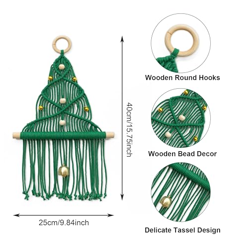 HVEST Green Macrame Christmas Tree Wall Hanging- Macrame Christmas Ornaments- Boho Xmas Gifts- Handmade Woven Tapestry for Bedroom Living Room Holiday Decorations, 16L X 10W - color: Emerald Green