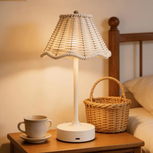 Boho Rattan Shade Table Lamp, Cordless Wicker Woven Vintage Table Lamp, 3 Colors Dimmable with Decorative Design, Ideal for Home Bedroom Living Room Office Decor (White) - color: White