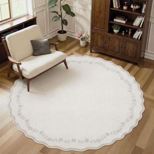 GarveeHome Round Area Rugs 4ft for Kids Room, Solid Beige Scalloped Washable Circle Rug Soft Non Slip Floral Print Floor Mat Carpet Indoor Thin Tent Rug for Bedroom Dining Room Playroom Nursery - color: Beige, size: 4' (Round)