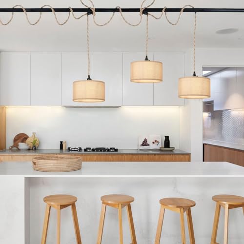 3 Light Plug in Pendant Lights Fabric Hanging Lamp Kit with Switch 22 Ft Long Hemp Rope Farmhouse Pndant Light Cord Lighting Fixture DIY Hanging Light - size: 3 Light Fabric