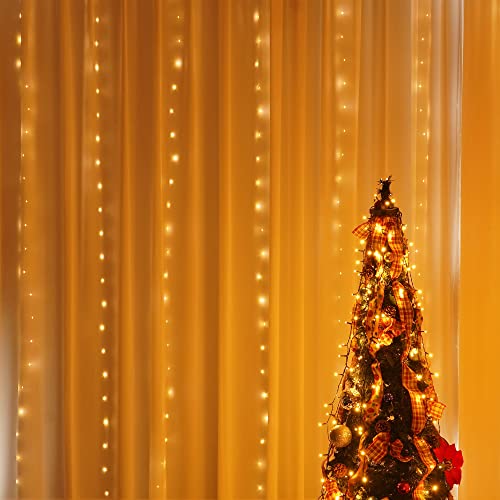 Dazzle Bright Curtain String Lights, 300 LED 9.8ft x9.8ft Warm White Fairy Lights with 8 Lighting Modes, Waterproof Lights for Bedroom Christmas Party Wedding Home Garden Wall Decor - color: Warm White
