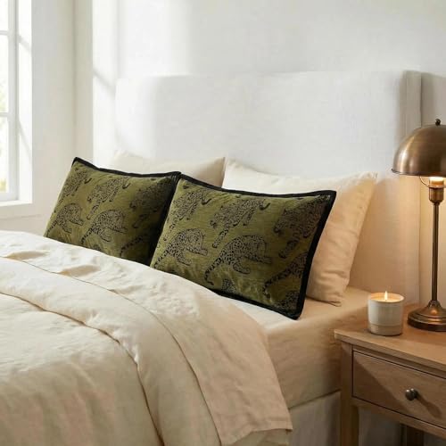 Mantle & Mason Leopard Lumbar Throw Pillow Covers 12x20 Set of 2 Cheetah Decorative Pillow Covers for Couch Bed Living Room Mid Century Modern Soft Cushion Covers Dark Green - color: Leopard Green, size: 20" x 12" (Pack of 2)