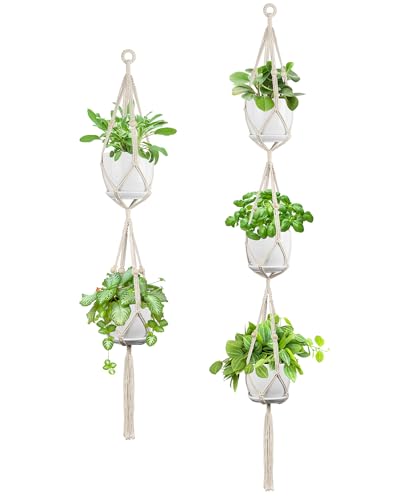 USLAI Macrame Plant Hanger Indoor Outdoor, Fits 4 to 8 Inch Pots, Strong Hanging Planter Holder, Boho Home Decor, 49+72 Inch, Ivory (POTS NOT Included) - color: Ivory, size: 49+72 Inch