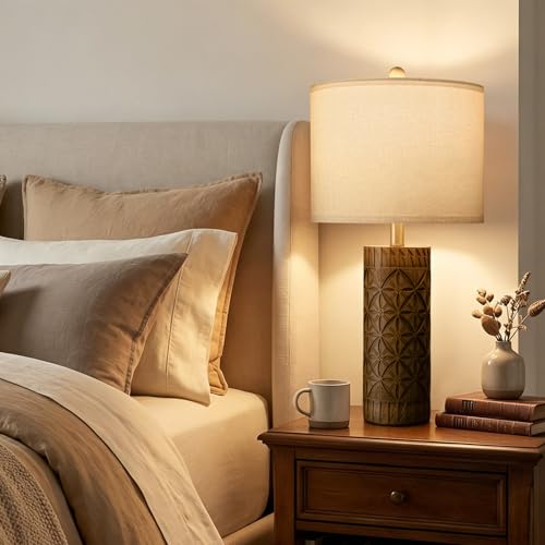 BOBOMOMO 27" Tall Table Lamps Set of 2, Modern Farmhouse Geometric Bedside Lamps, Rustic Wood Grain Resin Nightstand Lamps for Living Room, Bedroom, Entryway, Linen Shade, Cottage Home Decor - size: 27"