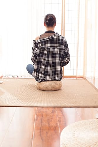 Straw Flat Seat Cushion, Handmade Floor Pouf Mat, Ottoman Footstool for Meditation, Zen, Yoga Practice or Buddha (15.7" Dia. x 6.3" H)