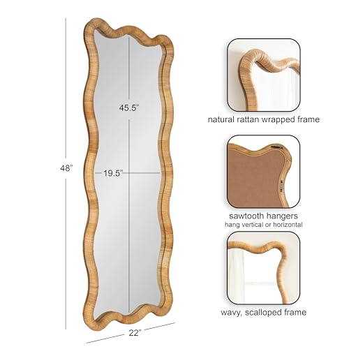 Kate and Laurel Rahfy Boho Scalloped Rectangle Rattan Wall Mirror, 22 x 48, Natural Wood, Decorative Rectangular Wavy Mirror with Authentic Rattan Frame for Bedroom Mirror Decor