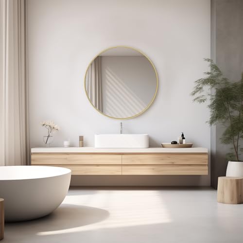 NEWBULIG 24IN Round Bathroom Wall Mirror, Modern Vanity Mirrors for Over Sink, HD Glass Decorative for Entryway, Bedroom & Living Room, Anti-Rust, Tempered Glass, Hanging or Leaning, Gold - color: Gold, size: 24"L x 24"W
