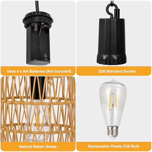Livinlarge Battery Operated Chandelier,Hanging Rattan Pendant Lights with Timer,Gazebo Lights with Warm White Bulb,4*AA Battery Powered,for Pergola Porch Patio Outdoor Indoor Backyard Decor - style: Battery Hanging Light