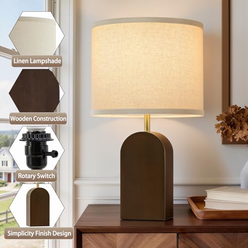 EJIAXIN Wood Table Lamps Set of 2-19" Walnut Farmhouse Bedside Lamp with Adjustable Color Temperatures - Modern Rustic Linen Lampshade Nightstand Lamps for Bedroom Living Room Office, Bulbs Included - color: Walnut