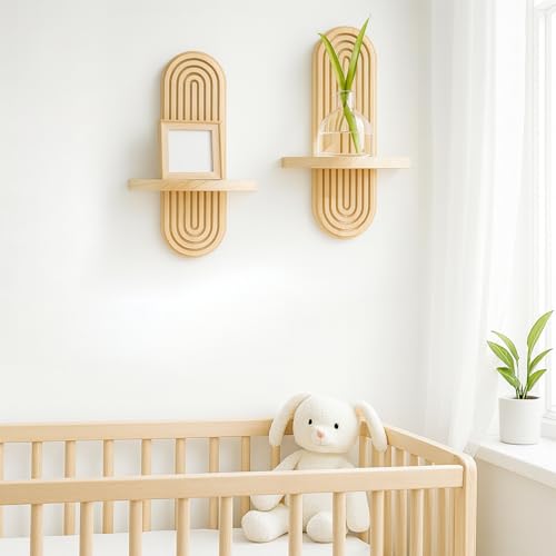 Artilady 2 Pack Boho Shelf Wall Decor - Handmade Solid Wood Floating Shelves Rainbow Arch Trinket Storage Rack Wall Decor for Bedroom Living Room Nursery Bathroom - color: 1 Beige