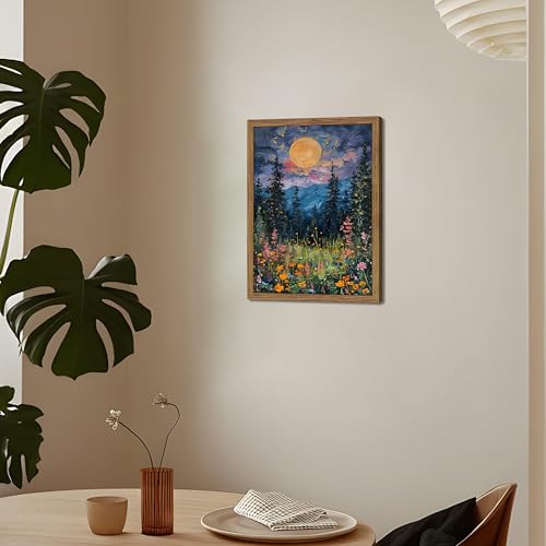 Framed Nature Forest Canvas Wall Art, Full Moon above Wildflowers and Woodland Painting, Midnight Floral Trees Art Print, Farmhouse Nature Wall Decor for Bedroom Living Room 12x16 inch - color: Ink Landscape Painting, size: 16"L x 12"W