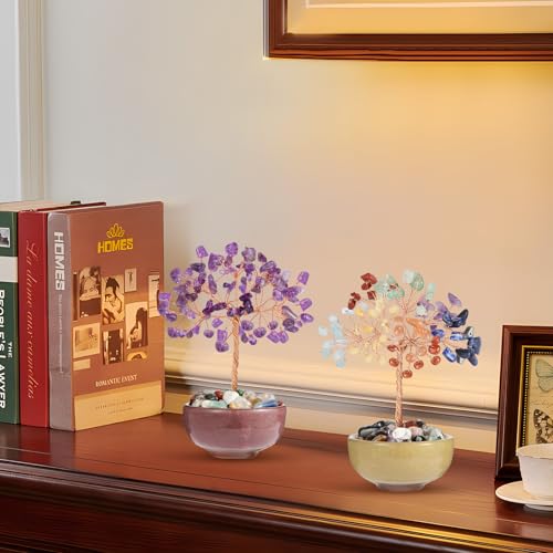 Amethyst Crystal Tree with Ceramic Base,Natural Gemstone Feng Shui Money Tree for Wealth,Good Luck & Positive Energy,Handmade 5 Inch Healing Abundance Bonsai for Home Office Decor - color: Amethyst Vase Tree-2