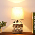 Boho Table Lamp for Bedroom, Small Bedside Lamp with Rattan Metal Cage Base and Linen Shade, Nightstand Lamp for Living Room, Farmhouse Coastal Rustic Bedroom Decor, E26 Socket, Bulb Not Included - size: 1 Pack