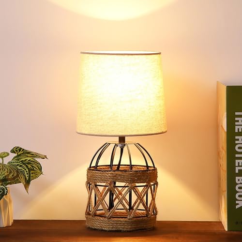 Boho Table Lamp for Bedroom, Small Bedside Lamp with Rattan Metal Cage Base and Linen Shade, Nightstand Lamp for Living Room, Farmhouse Coastal Rustic Bedroom Decor, E26 Socket, Bulb Not Included - size: 1 Pack
