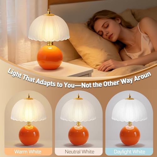 PARTPHONER Mushroom Table Lamp, Ceramic Bedside Lamp with Glass Shade, 3-Way Lighting (2700K-5000K) Rocker Switch, Small Nightstand Lamp for Bedroom, Living Room, Office, Orange - color: Orange