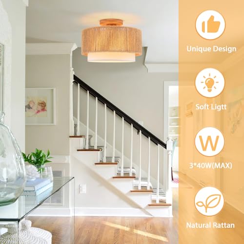 SineRise 12'' Rattan Flush Mount Ceiling Light Fixture,2-Tier Drum Hand-Woven Boho Flush Mount Ceiling Light,Farmhouse Light Fixture for Living Room,Kitchen,Bedroom Foyer Entryway ect. - color: Gold, size: Small Ceiling