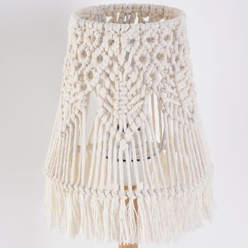 16" Tall Table Lamp Set of 2, Handwoven Macrame Shade & Solid Wood Base, Bohemian Style Bedside Lamp for Living Room, Bedroom, Study Office Decor