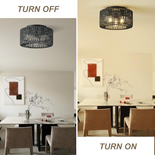 12.6”Rattan Flush Mount Ceiling Light Fixtures, 3-Light Boho Light Fixture Rattan Hand-Woven Chandelier Close to Ceiling Light Fixture for Bedroom Hallway Kitchen Dining Room Nursery(Black) - color: 12.6”Black