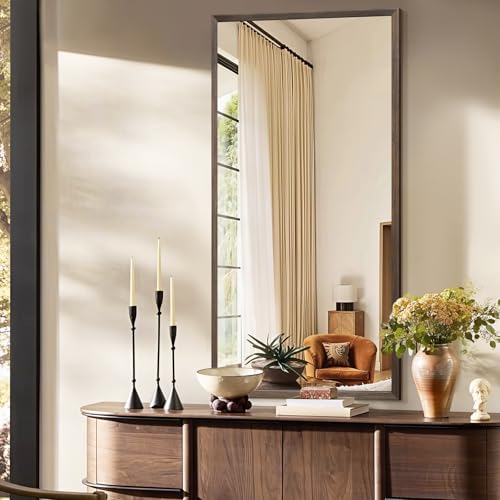 Walnut Wood Bathroom Mirrors for Wall Mounted, 48" x 24" Rectangle Rustic Wood Framed Wall Mirror, Decorative Farmhouse Mirror for Bathroom, Bedroom, Entryway, Horizontally/Vertically - color: Walnut, size: 48"L x 24"W