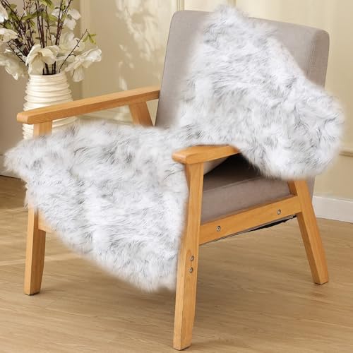 ORINOVA White and Grey Faux Fuzzy Fur Sheepskin Washable Area Rugs for Living Room 2x3 Boho Shag Nursery Rug Cute Home Décor - color: White With Grey Tips, size: 2' x 3' (Rectangular)